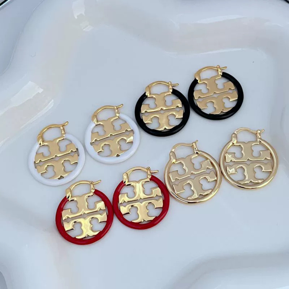 Tory Burch Big Enamel Inlaid Round Hollow English Letters Metal Earrings